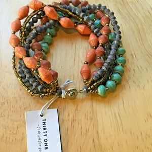 Thirty One Bits Multi Strand Bracelet NEW orange Blue Beads Stones Bronze 7"